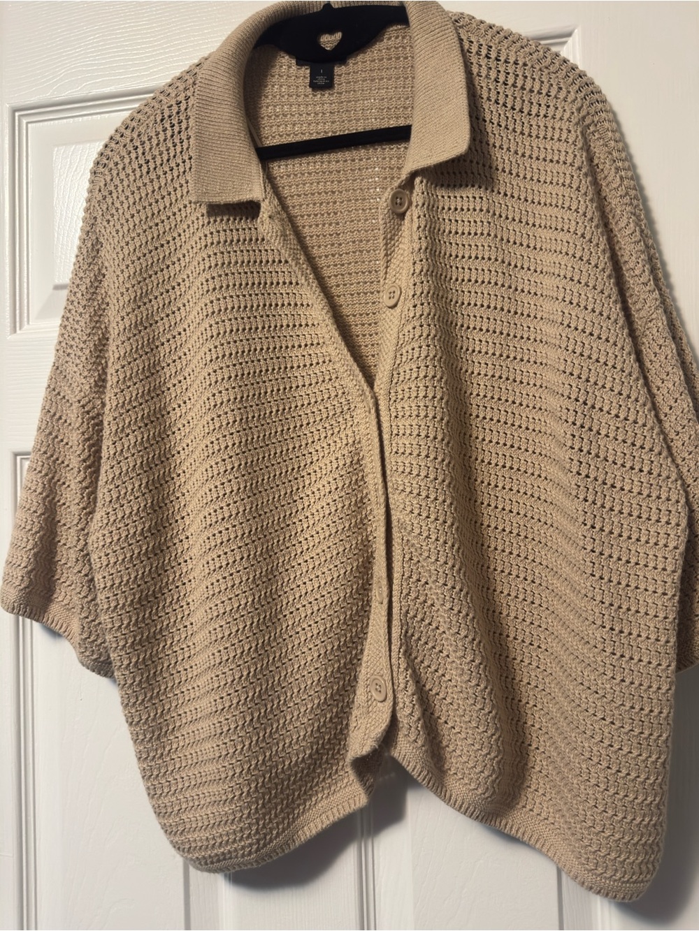 Halogen Beige Crochet Knit Button-Front Poncho Sweater